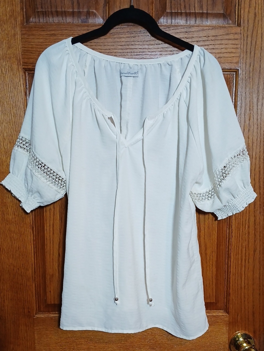 KEREN hart Cream Tie-Front Peasant Blouse with Crochet Detail